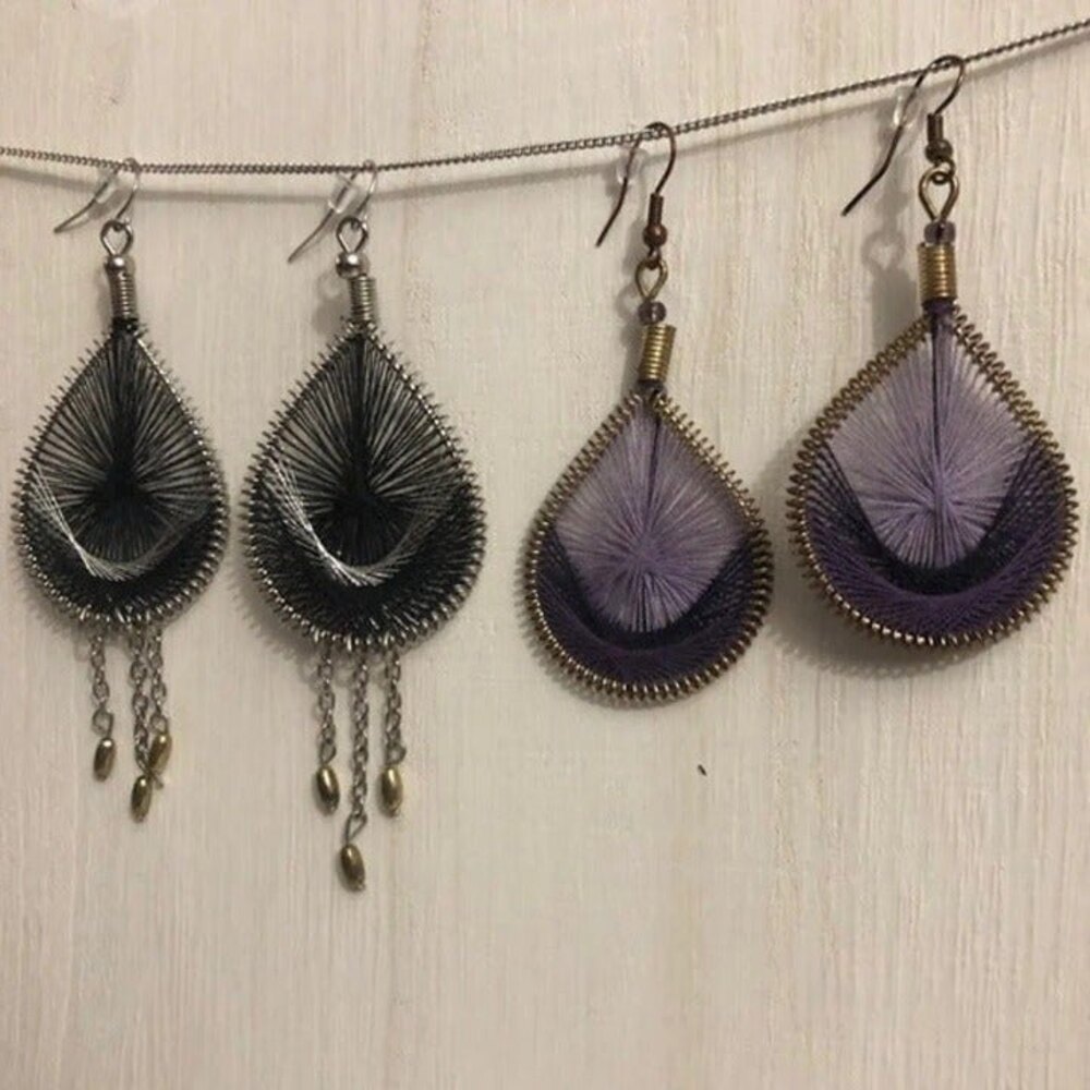 Teardrop Web Dangle Pierced Earrings Purple Black 2 Pairs
